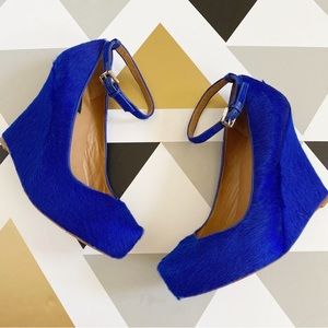 Ann Taylor Lena Cobalt Blue Calf Hair Ankle Strap Wedge Heels 7
